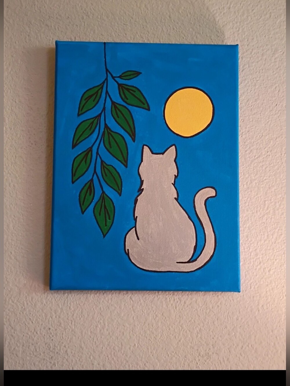 Silver Cat Canvas Art with Yellow Moon - Blue Background
